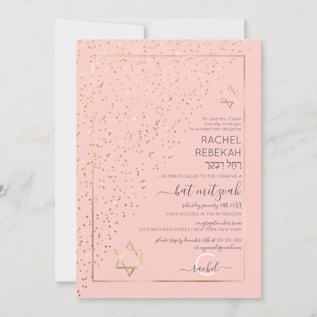 Pink Gold Glitter Diagonal Confetti Bat Mitzvah Invitation (Front)