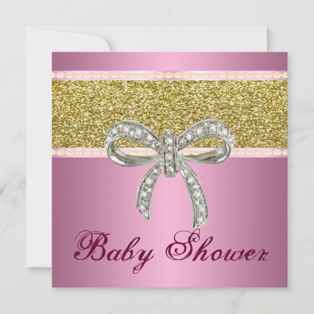 Pink Gold Glitter Diamond Bow Baby Shower Invite (Front)