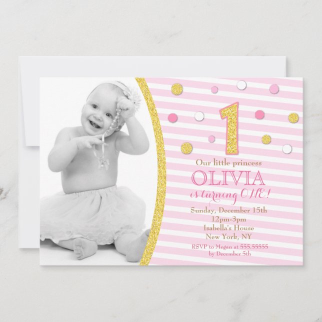 Pink Gold Glitter First 1st Birthday Invitations (Front)