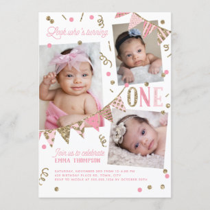 Pink Gold Glitter First Birthday 3 Photo Collage Invitation
