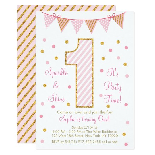 Pink & Gold Glitter First Birthday Card