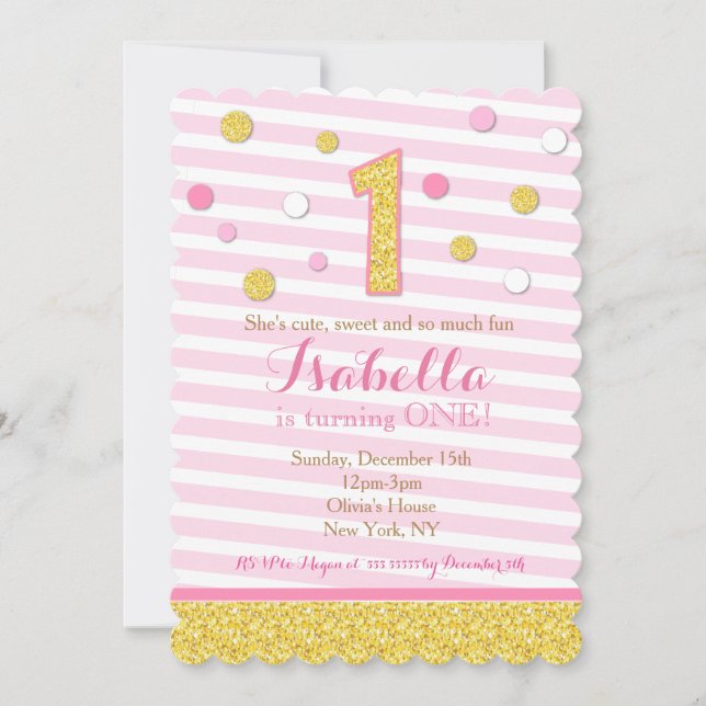 Pink & Gold Glitter First Birthday Invitations (Front)