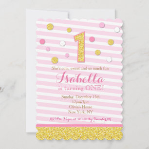 Pink & Gold Glitter First Birthday Invitations