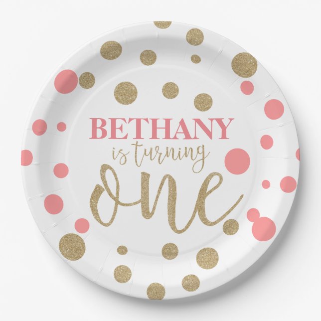 Pink & Gold Glitter First Birthday Paper Plates (Front)