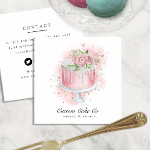 Pink, Gold Glitter & Floral Custom Cakes Bakery Square Business Card