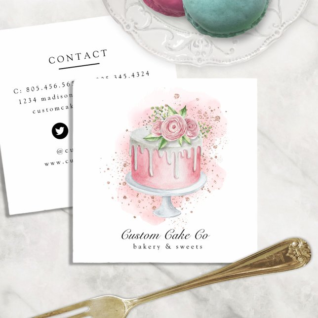 Pink, Gold Glitter & Floral Custom Cakes Bakery Square Business Card (Creator Uploaded)