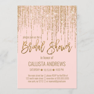 Pink Gold Glitter Fringe Curtain Bridal Shower Invitation