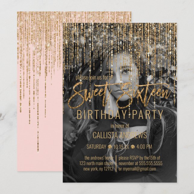 Pink Gold Glitter Fringe Curtain Photo Sweet 16 Invitation (Front/Back)