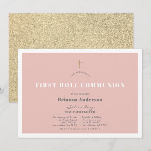 Pink Gold Glitter Girl First Holy Communion Invitation