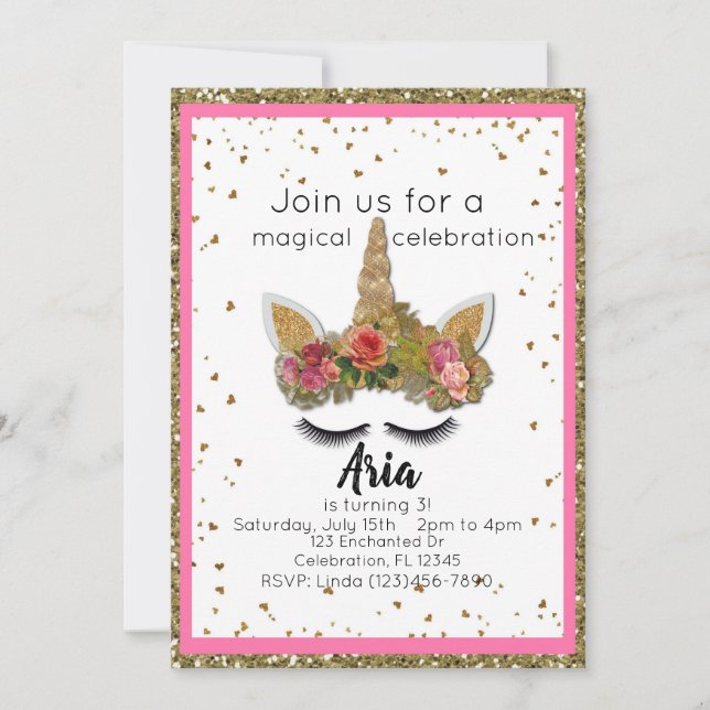 Pink Gold Glitter Girls Enchanted Unicorn Birthday Invitation (Front)