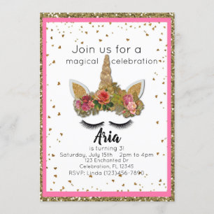 Pink Gold Glitter Girls Enchanted Unicorn Birthday Invitation