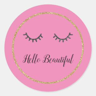 Pink Gold Glitter Girly Black Eyelashes Classic Round Sticker