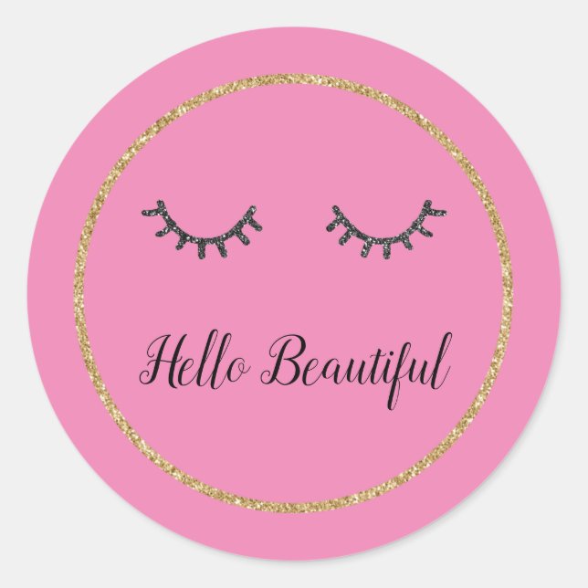 Pink Gold Glitter Girly Black Eyelashes Classic Round Sticker (Front)