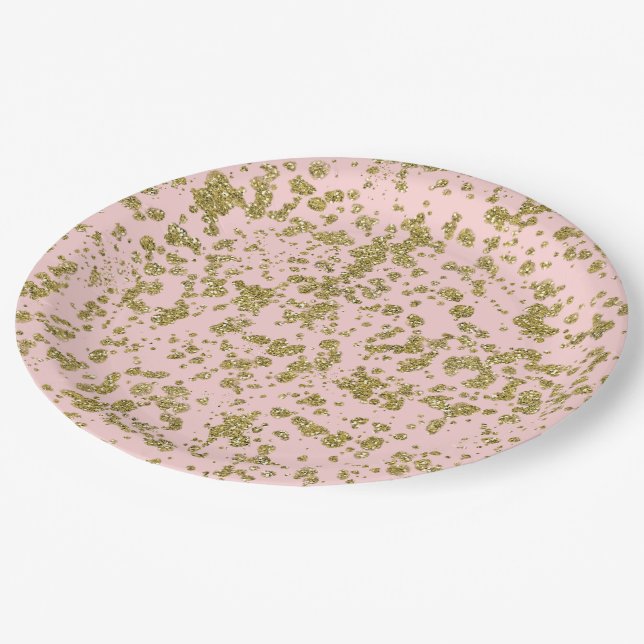 Pink & Gold Glitter Girly Glam Modern Splatter Paper Plate (Angled)