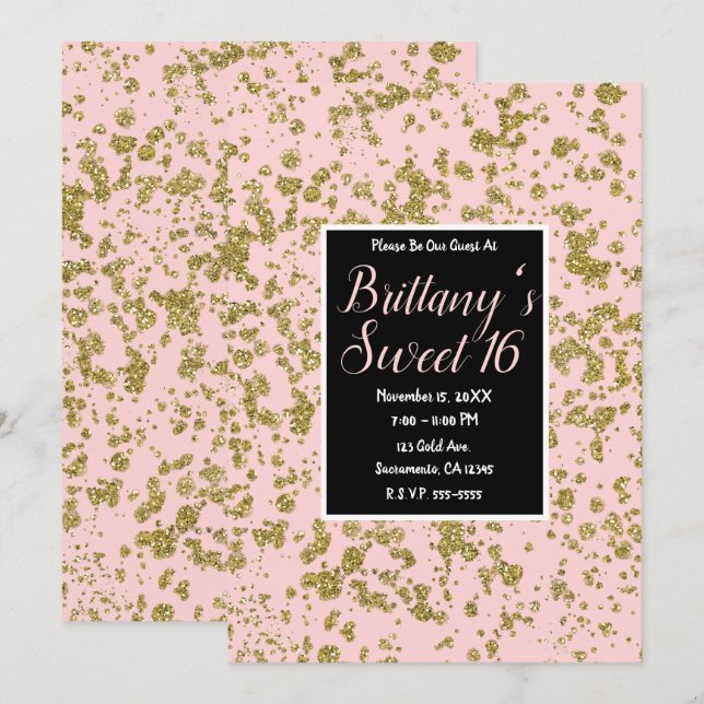 Pink & Gold Glitter Girly Glam Modern Sweet 16 Invitation (Front/Back)