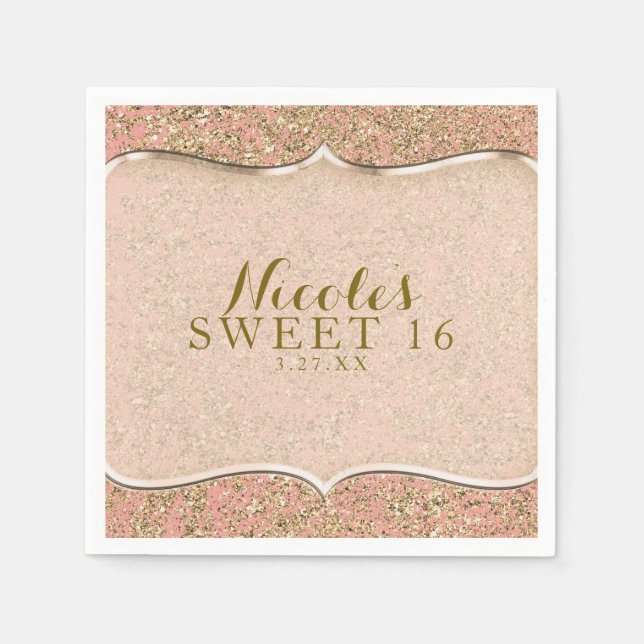 Pink & Gold Glitter Glam Birthday Party Custom Napkin (Front)