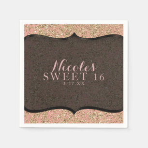 Pink & Gold Glitter Glam Black Birthday Party Napkin