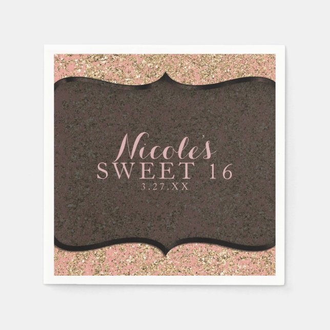 Pink & Gold Glitter Glam Black Birthday Party Napkin (Front)
