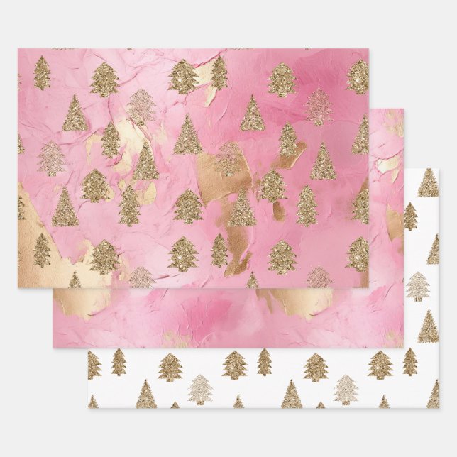 Pink Gold Glitter Glam Christmas Trees Wrapping Paper Sheet (Set)