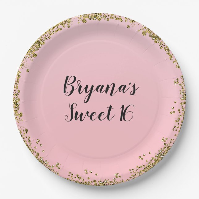 Pink Gold Glitter Glam Edge Sweet 16 Custom Party Paper Plate (Front)