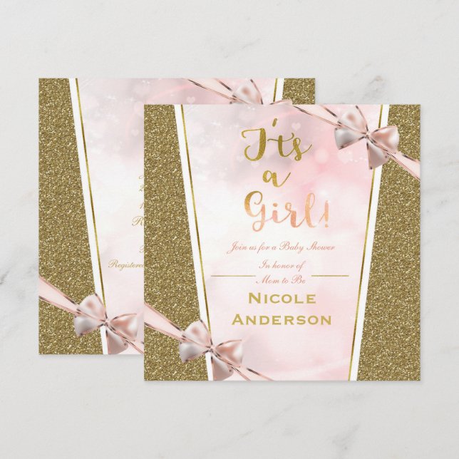 Pink Gold Glitter Glam It's a Girl Bow Baby Shower Invitation (Front/Back)