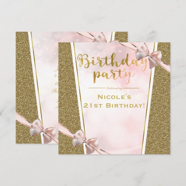 Pink Gold Glitter Glam Sparkle Bow Birthday Party Invitation (Front/Back)
