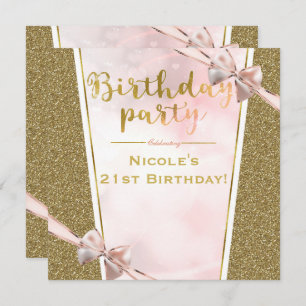 Pink Gold Glitter Glam Sparkle Bow Birthday Party Invitation