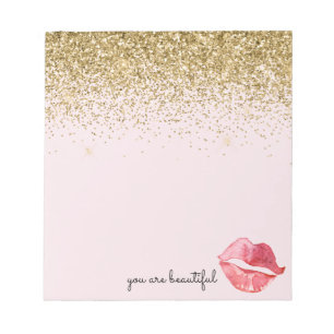 Pink Gold Glitter Glam Watercolor Kiss Notepad