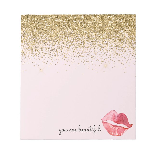 Pink Gold Glitter Glam Watercolor Kiss Notepad (Front)