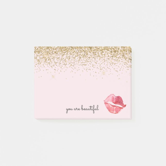 Pink Gold Glitter Glam Watercolor Kiss Post-it Notes (Front)