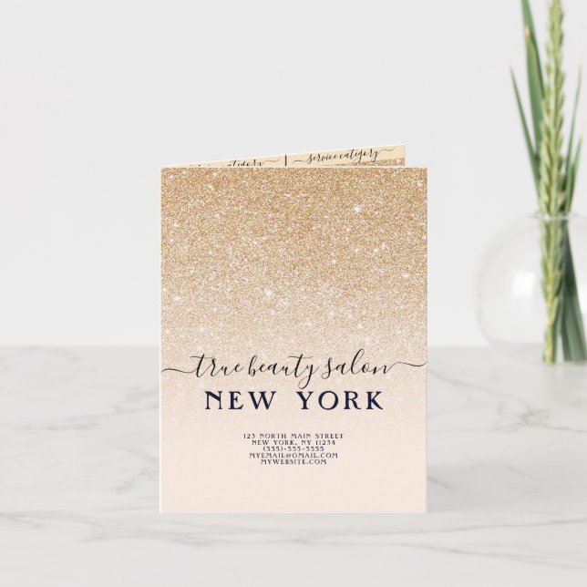 Pink Gold Glitter Gradient Salon Price List Note Card (Front)