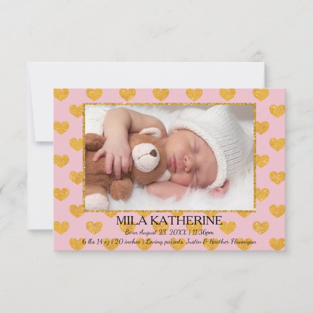 Pink/Gold Glitter Hearts - 3x5 Birth Announcement (Front)