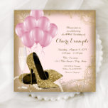 Pink Gold Glitter High Heels Birthday Invitations<br><div class="desc">Woman's pink and gold birthday party invitations with beautiful gold glitter high heel shoes, pink balloons, champagne and pearls on a pink and gold swirl background. This elegant pink and gold birthday party invitation is easily customised for your event by simply adding your details in the font style and colour,...</div>