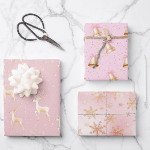 Pink Gold Glitter Jingle Bells Reindeers Snowflake Wrapping Paper Sheet