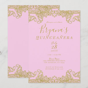 Pink & Gold Glitter Lace Elegant Quinceañera  Invitation