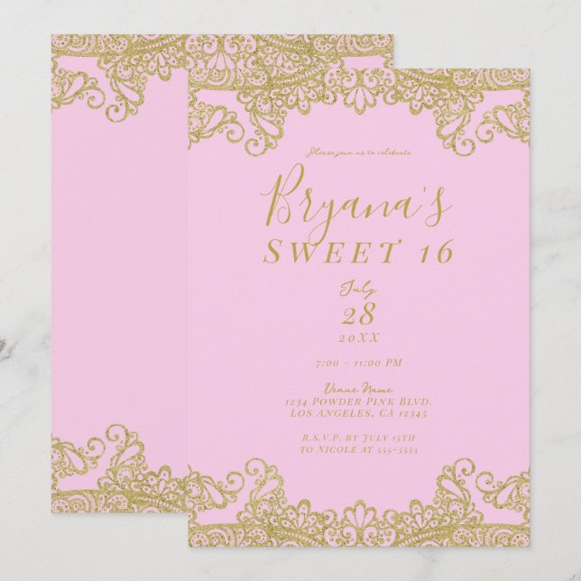 Pink & Gold Glitter Lace Elegant Sweet 16 Party Invitation (Front/Back)
