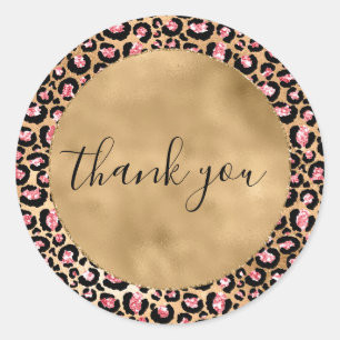 Pink Gold Glitter Leopard Animal Thank you     Classic Round Sticker