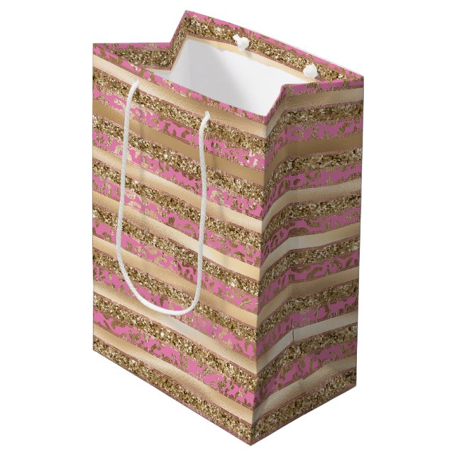Pink Gold Glitter Leopard Print Stripes Medium Gift Bag (Front Angled)