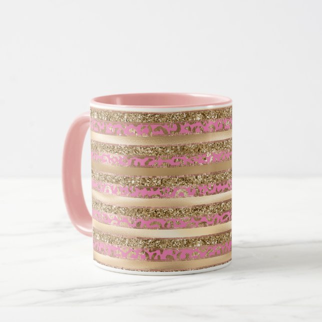 Pink Gold Glitter Leopard Print Stripes Mug (Front Left)