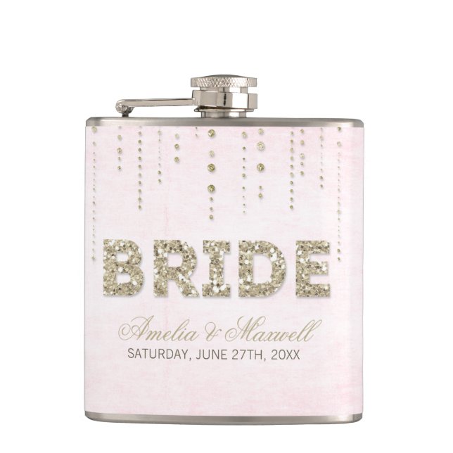 Pink & Gold Glitter Look Bride Flask (Front)