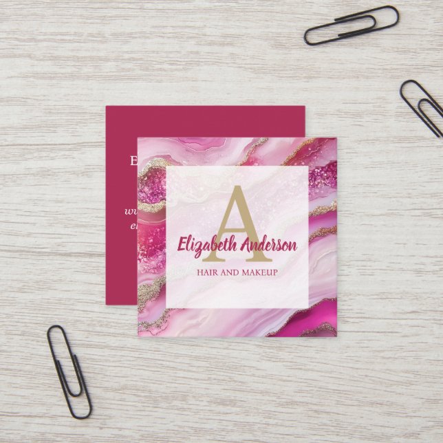  Pink Gold Glitter Marble Agate Chic Monogram Square Business Card (Front/Back In Situ)