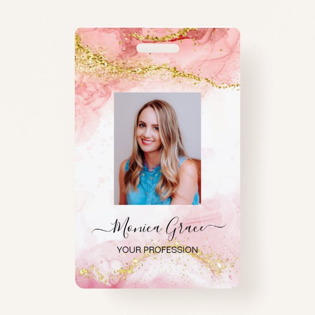Pink Gold Glitter Marble Agate Logo Business ID ID Badge (Front)