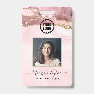 Pink Gold Glitter Marble Agate Photo Business Logo ID Badge