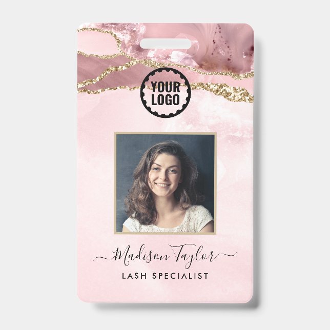 Pink Gold Glitter Marble Agate Photo Business Logo ID Badge (Front)