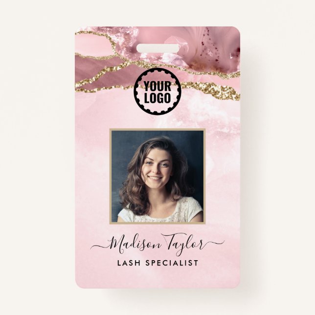 Pink Gold Glitter Marble Agate Photo Business Logo ID Badge (Front)