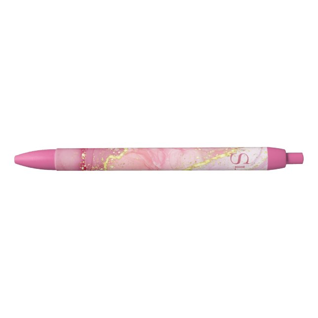 Pink Gold Glitter Marble Geode Monogram  Black Ink Pen (Front)