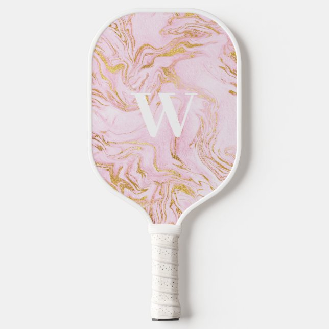 Pink Gold Glitter Marble Monogram Pickleball Paddle (Front)