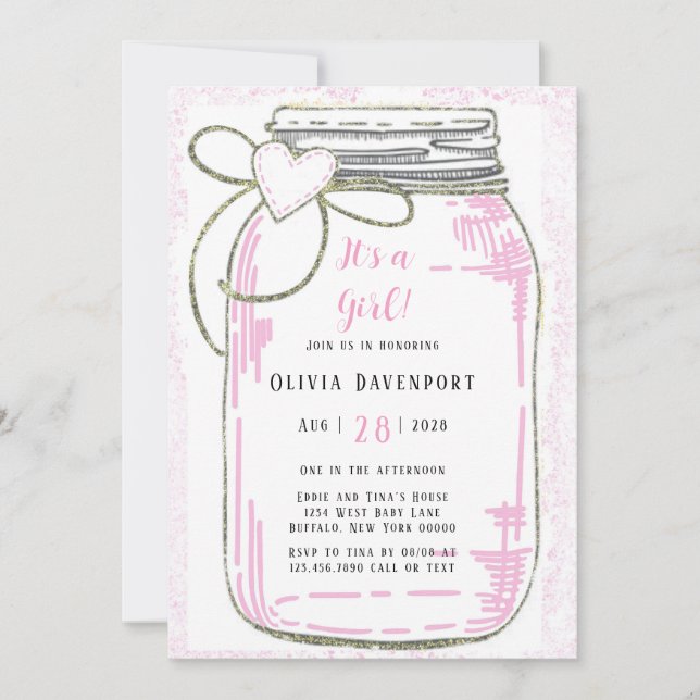 Pink Gold Glitter Mason Jar Girl Baby Shower Invit Invitation (Front)