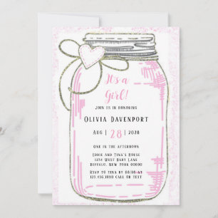 Pink Gold Glitter Mason Jar Girl Baby Shower Invit Invitation