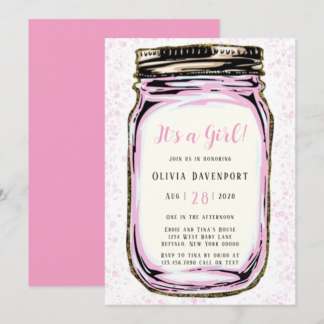 Pink Gold Glitter Mason Jar Girl Baby Shower Invitation (Front/Back)